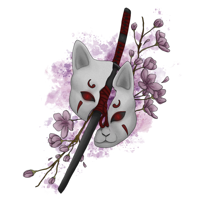 digital illustration of a japanese kitsune mask with cherry blossoms and a katana - in the background are pink watercolor splashes