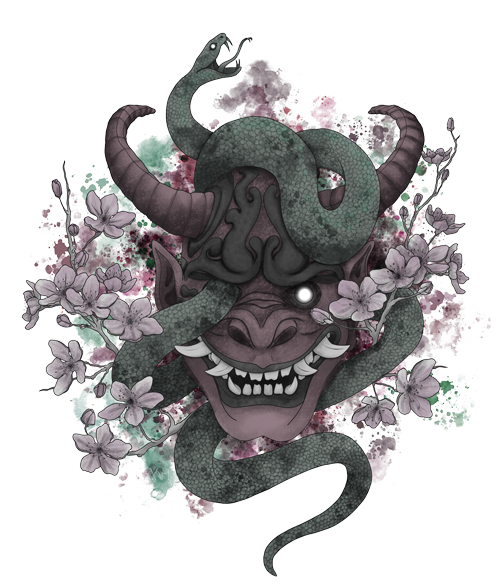 digital illustration of a japanese oni mask with a snake, cherry blossoms and watercolor splashes in the background